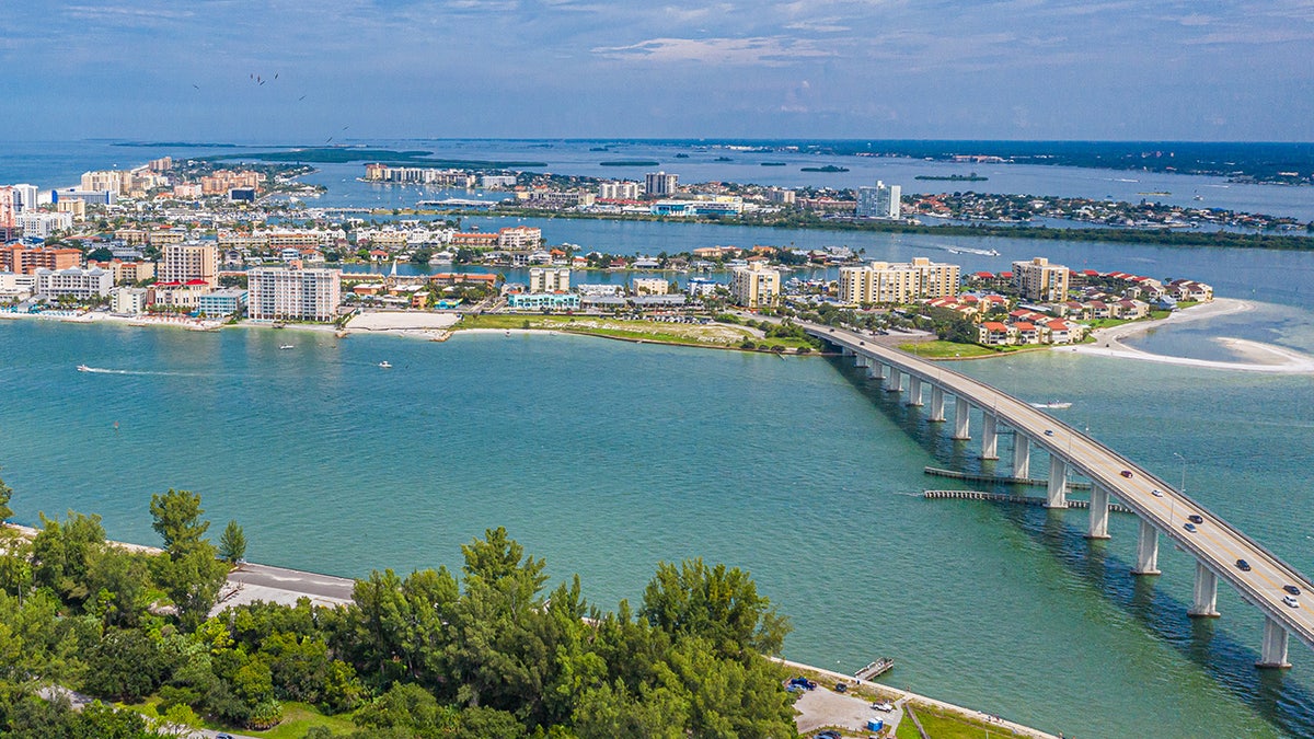 Drone angle view of Clearwater Beach and Bridge.