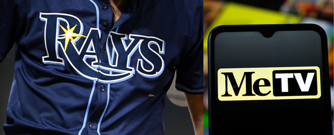 CLEVELAND, OHIO - SEPTEMBER 12: A closeup view of the Tampa Bay Rays logo on the jersey worn by Jonathan Aranda #62 during the ninth inning against the Cleveland Guardians at Progressive Field on September 12, 2024 in Cleveland, Ohio. (Photo by Nick Cammett/Diamond Images via Getty Images); CANADA - 2025/11/25: In this photo illustration, the MeTV (Me TV) logo is seen displayed on a smartphone screen. (Photo Illustration by Thomas Fuller/SOPA Images/LightRocket via Getty Images)