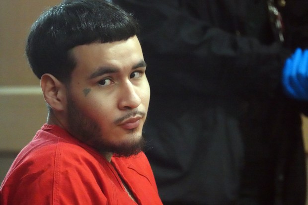 Jason Banegas looks over to a peron in the gallery after having been sentenced in the 2021 shooting death of Hollywood police officer Yandy Chirino, Wednesday, April 8, 2026 at the Broward County Courthouse in Fort Lauderdale. (Joe Cavaretta/South Florida Sun Sentinel)