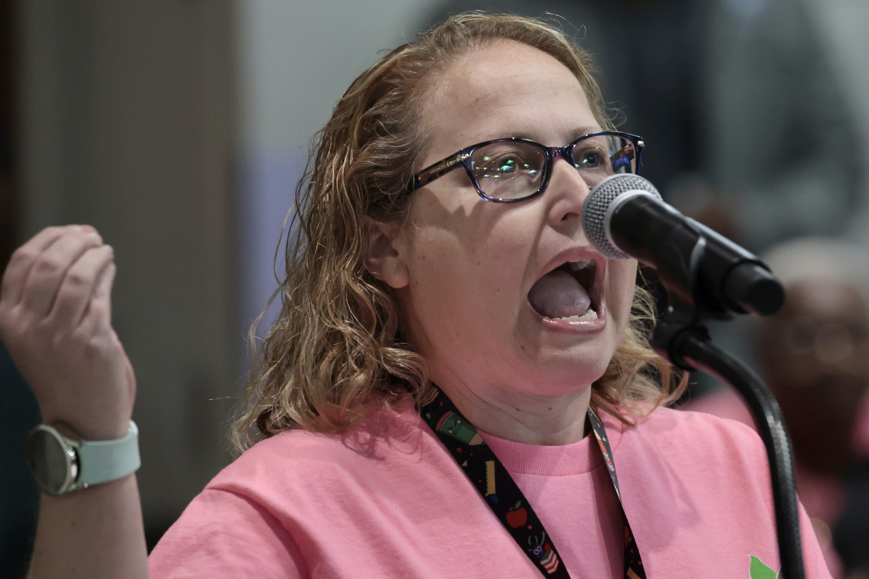 Discovery Elementary School second-grade teacher Robin Sloop talks during a...