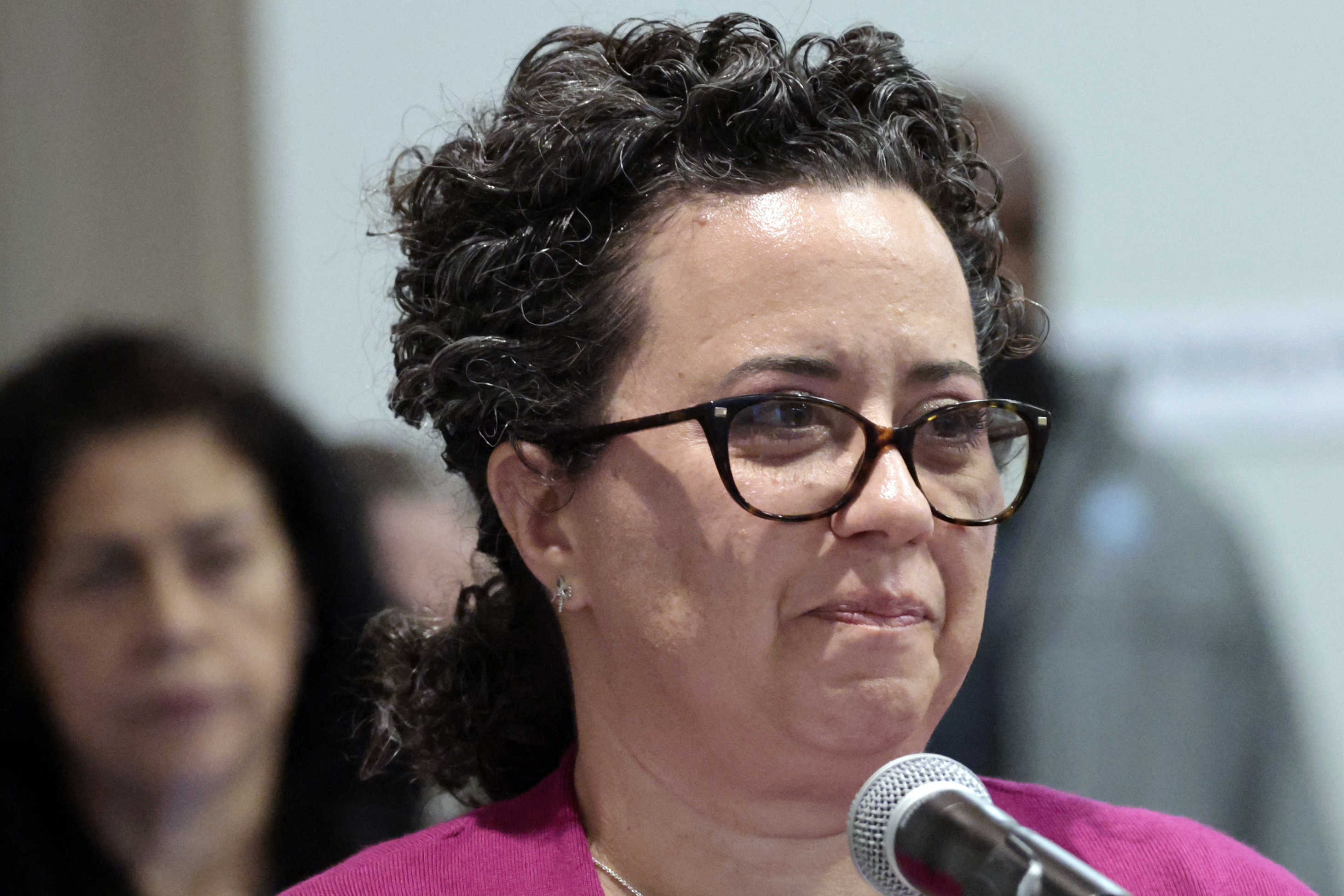 ESE Counselor Joy Haber, of Oakland Park, speaks during a Broward County School Board workshop about proposed cuts to more than 300 jobs across the district on Tuesday. (Amy Beth Bennett / South Florida Sun Sentinel)