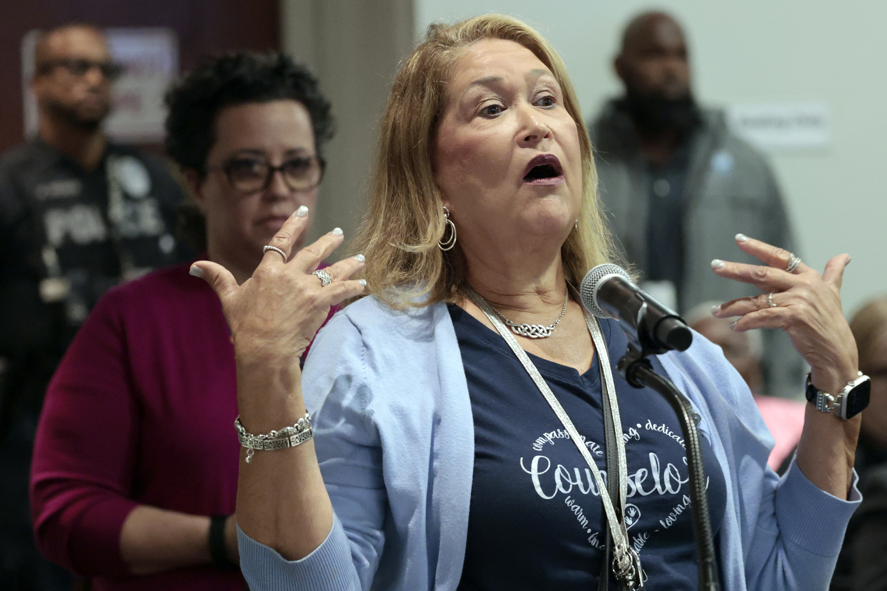 ESE Family Counselor Catherine Nieves speaks during a Broward County School Board workshop about proposed cuts to more than 300 jobs across the district on Tuesday. (Amy Beth Bennett / South Florida Sun Sentinel)