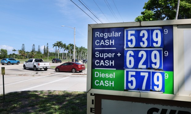 The price of regular gas is shown $5.39 at a Shell station on Glades Road in Boca Raton on Monday, April 6, 2026. (Carline Jean/South Florida Sun Sentinel)