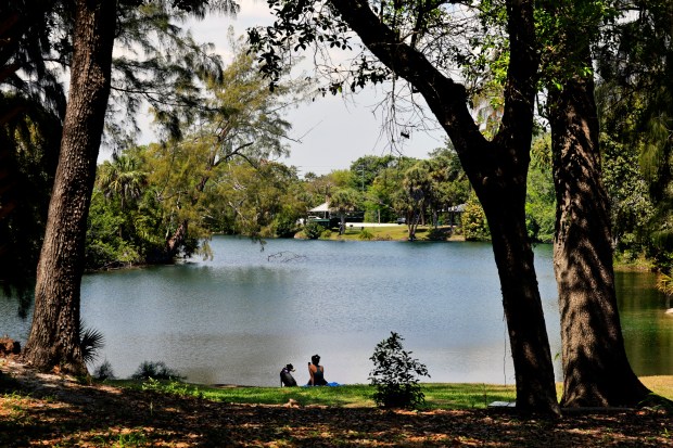 A woman and her dog sit beside the lake at Snyder Park on March 25, 2026. Snyder Yard, a new campus for Fort Lauderdale's Parks and Recreation Department, is slated for construction next to the park. (Mike Stocker/South Florida Sun Sentinel)
