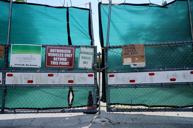 A fence on Southwest Eighth Avenue, shown on March 25, marks the end of the road adjacent to Snyder Park. Neighbors are worried about traffic that will come when the new campus for Fort Lauderdale parks workers opens next year. (Mike Stocker/South Florida Sun Sentinel)