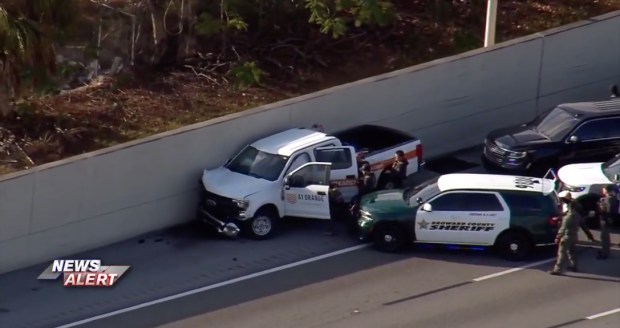 A woman was arrested after a law enforcement pursuit that ended in a deadly crash in the southbound lanes of Florida's Turnpike near Sunrise Boulevard on Thursday, Feb. 26, 2026. (WSVN-Ch. 7/Courtesy)