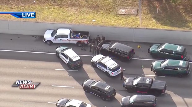 A police pursuit with Florida Highway Patrol and Broward Sheriff's Office deputies on Feb. 26, 2026, ended during rush hour traffic on the southbound lanes of Florida's Turnpike. A chain-reaction crash that ended the pursuit resulted in the death of a 74-year-old woman. (WSVN-7/Courtesy)