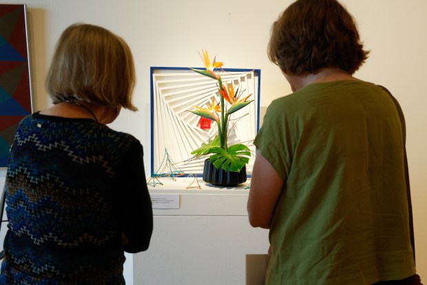 Amy Jain, left, and her daughter Angela Withers study and discuss the arrangement sponsored by the Windermere Garden Club, which is one display during Art in Bloom at the Orlando Museum of Art on Friday, April 10, 2026. (Rich Pope/Orlando Sentinel)