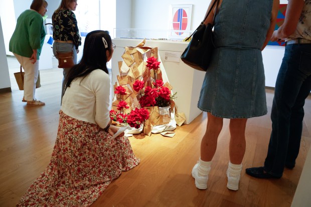 Wing Isom studies the floral arrangement by Maribel Ortiz during Art in Bloom at the Orlando Museum of Art on Friday, April 10, 2026, the annual Council of 101 event and fundraiser. (Rich Pope/Orlando Sentinel)