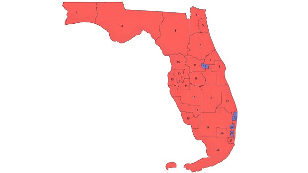 A congressional redistricting map unveiled by Gov. Ron DeSantis on Monday would give Florida Republicans four new seats, making the count 24-4. (Executive Office of the Governor)