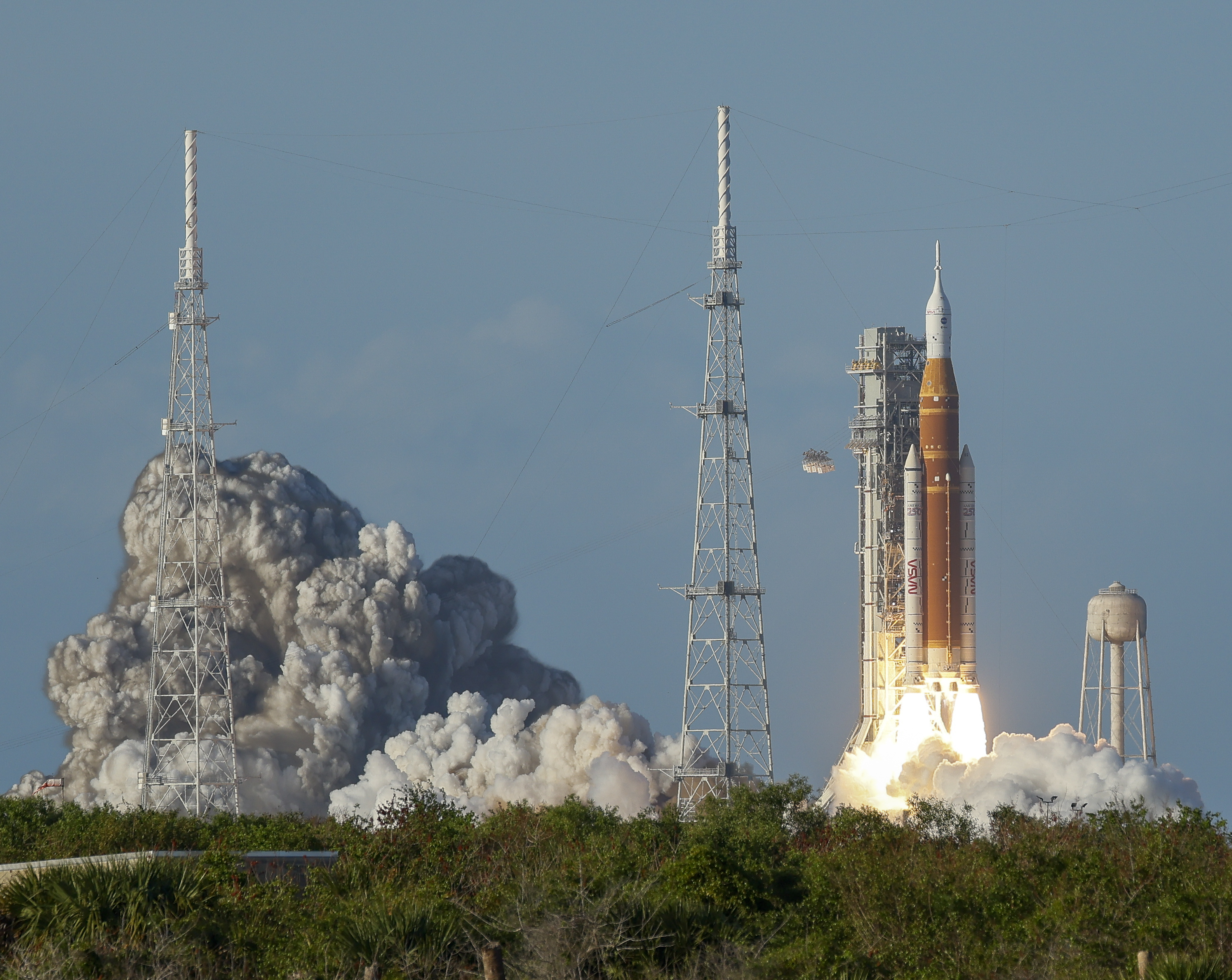 The Space Launch System rocket topped with the Orion capsule...