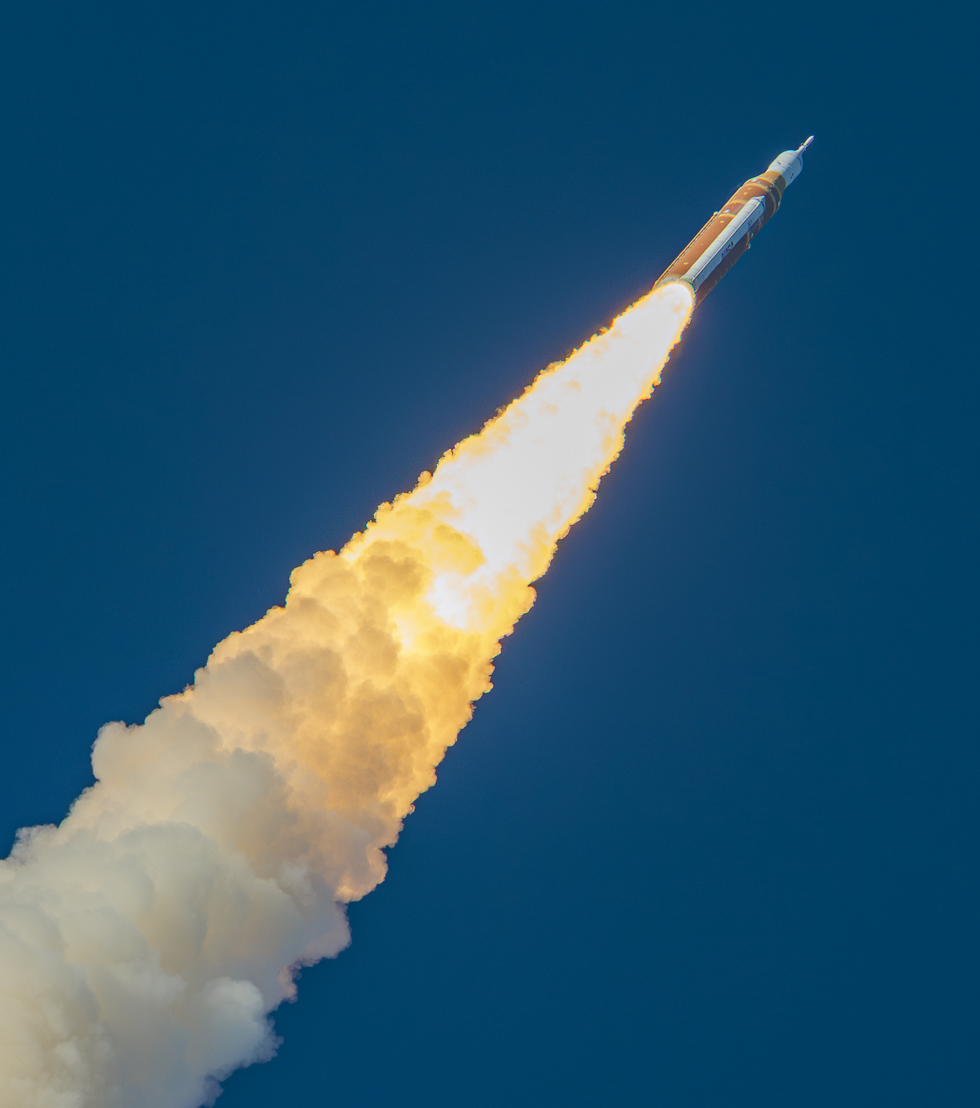 The Space Launch System rocket topped with the Orion capsule...