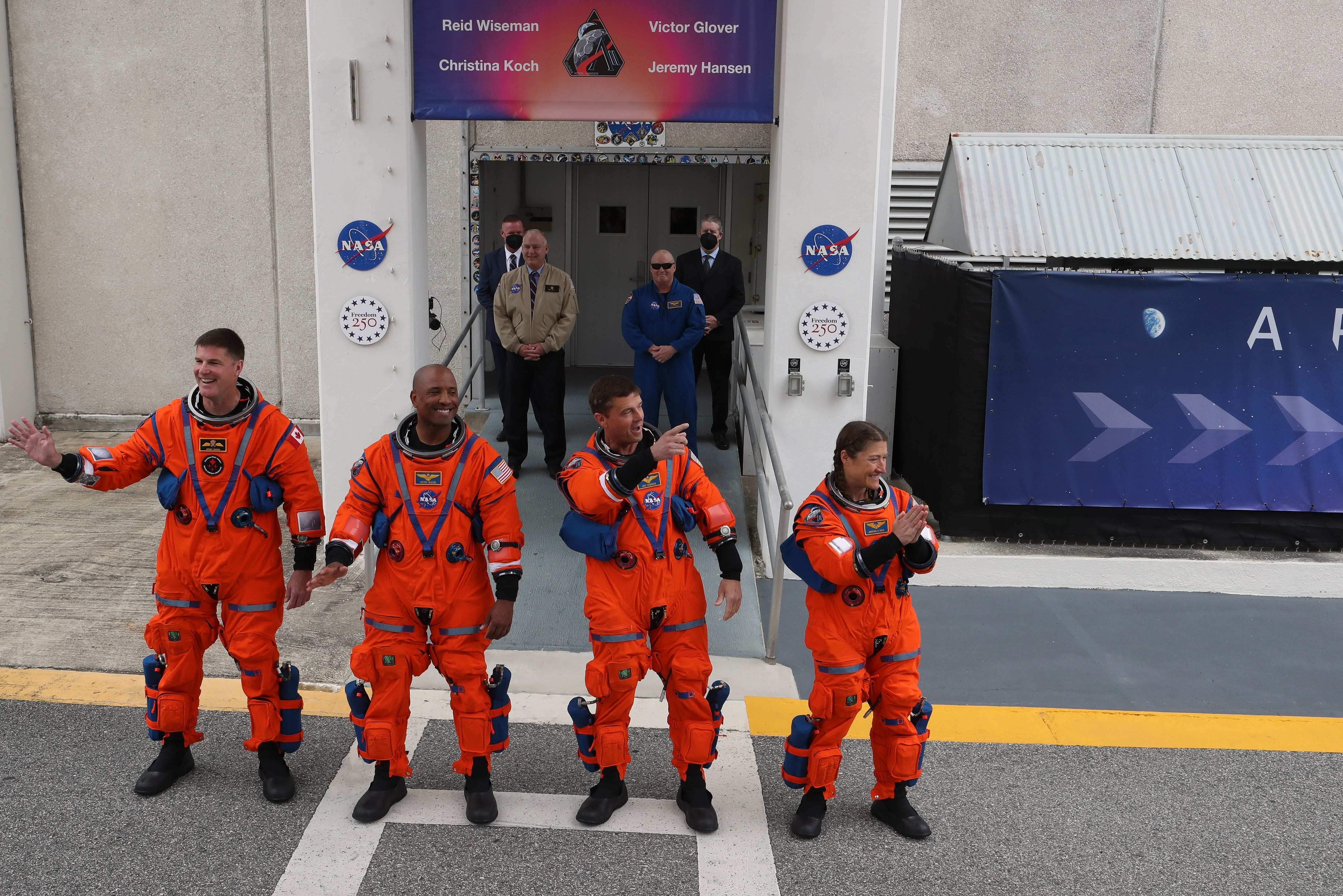 From left, The Artemis II crew mission specialist Jeremy Hansen,...