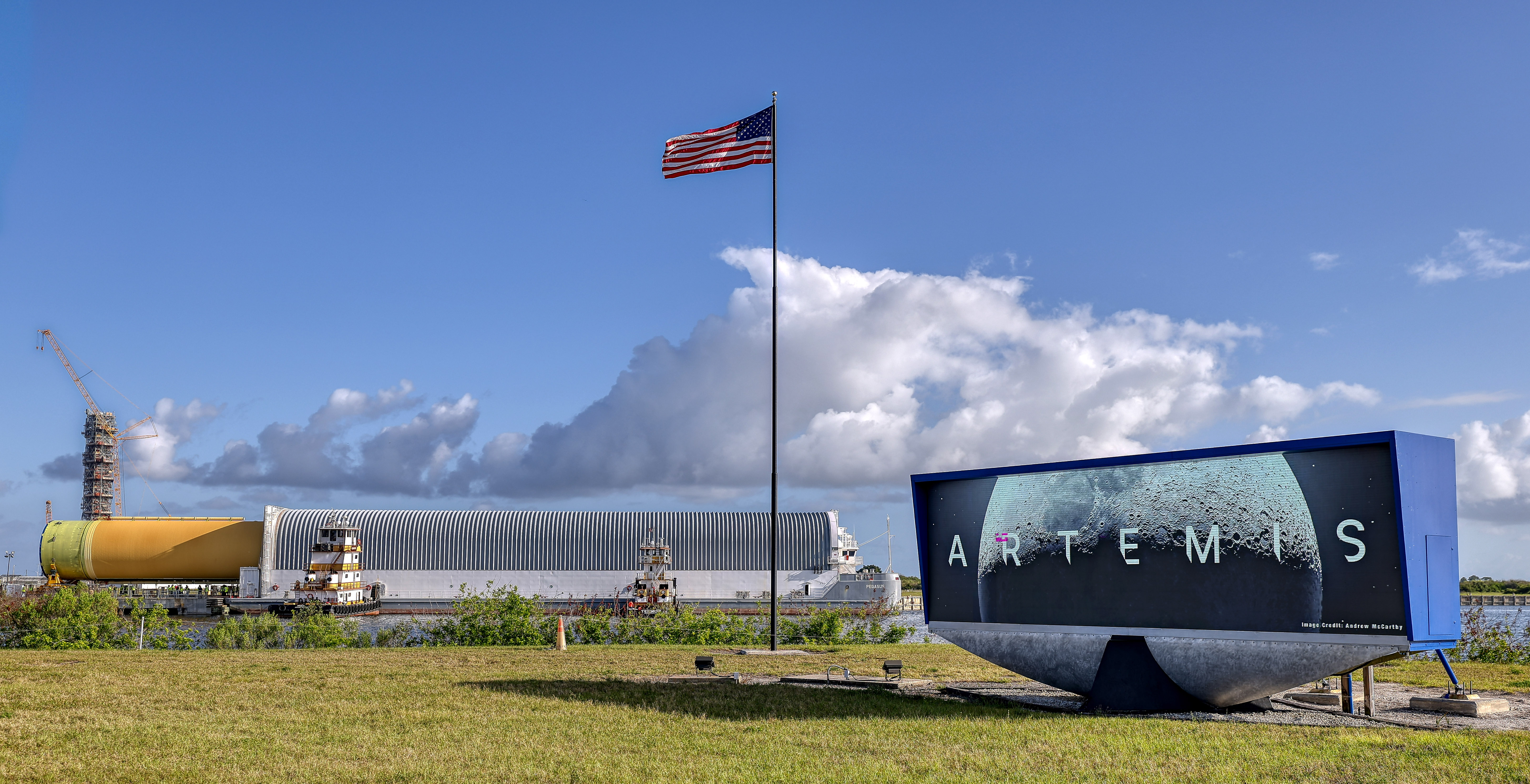 The Artemis III core stage is moved from the Pegasus...