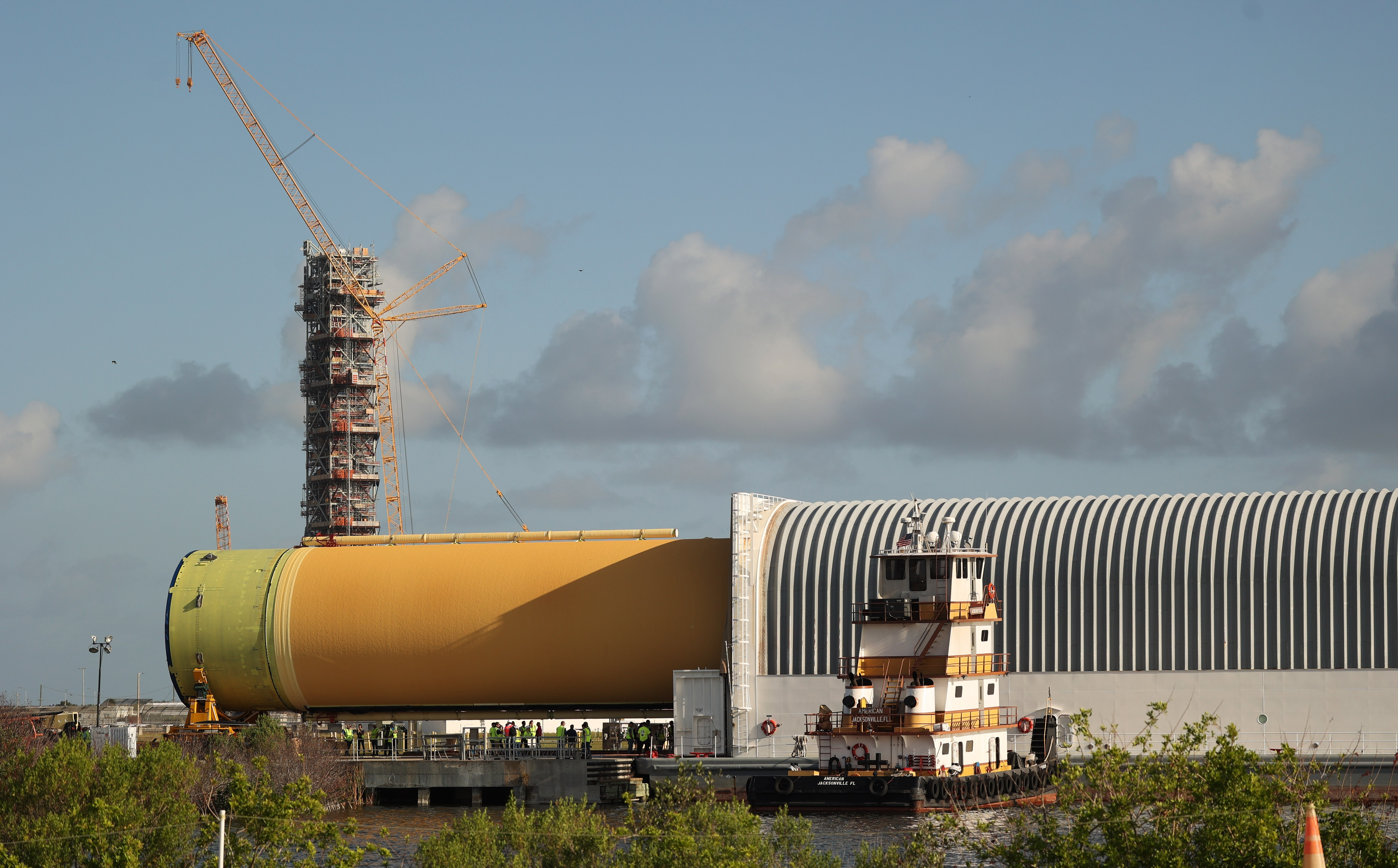 The Artemis III core stage is moved from the Pegasus...