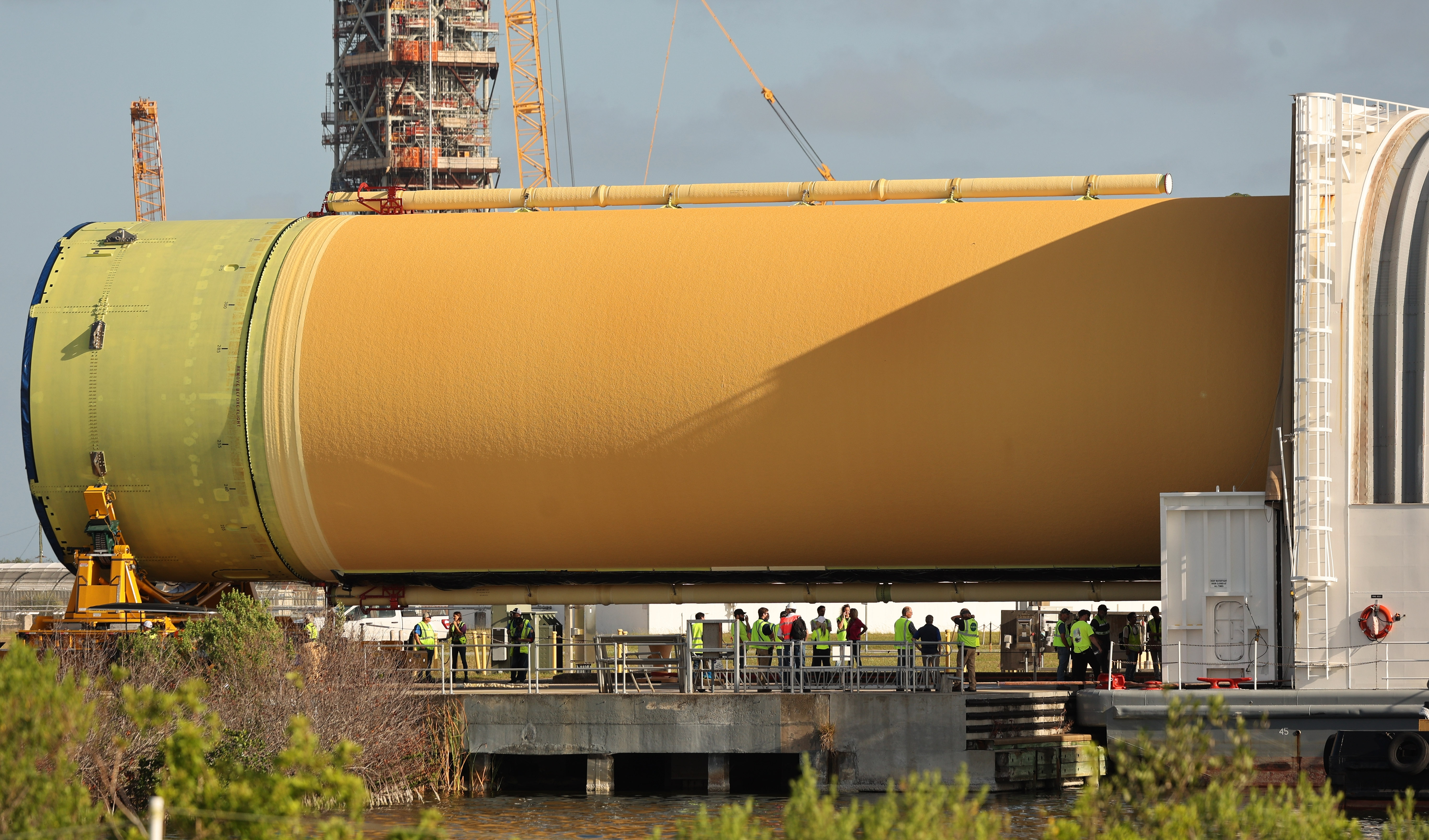 The Artemis III core stage is moved from the Pegasus...