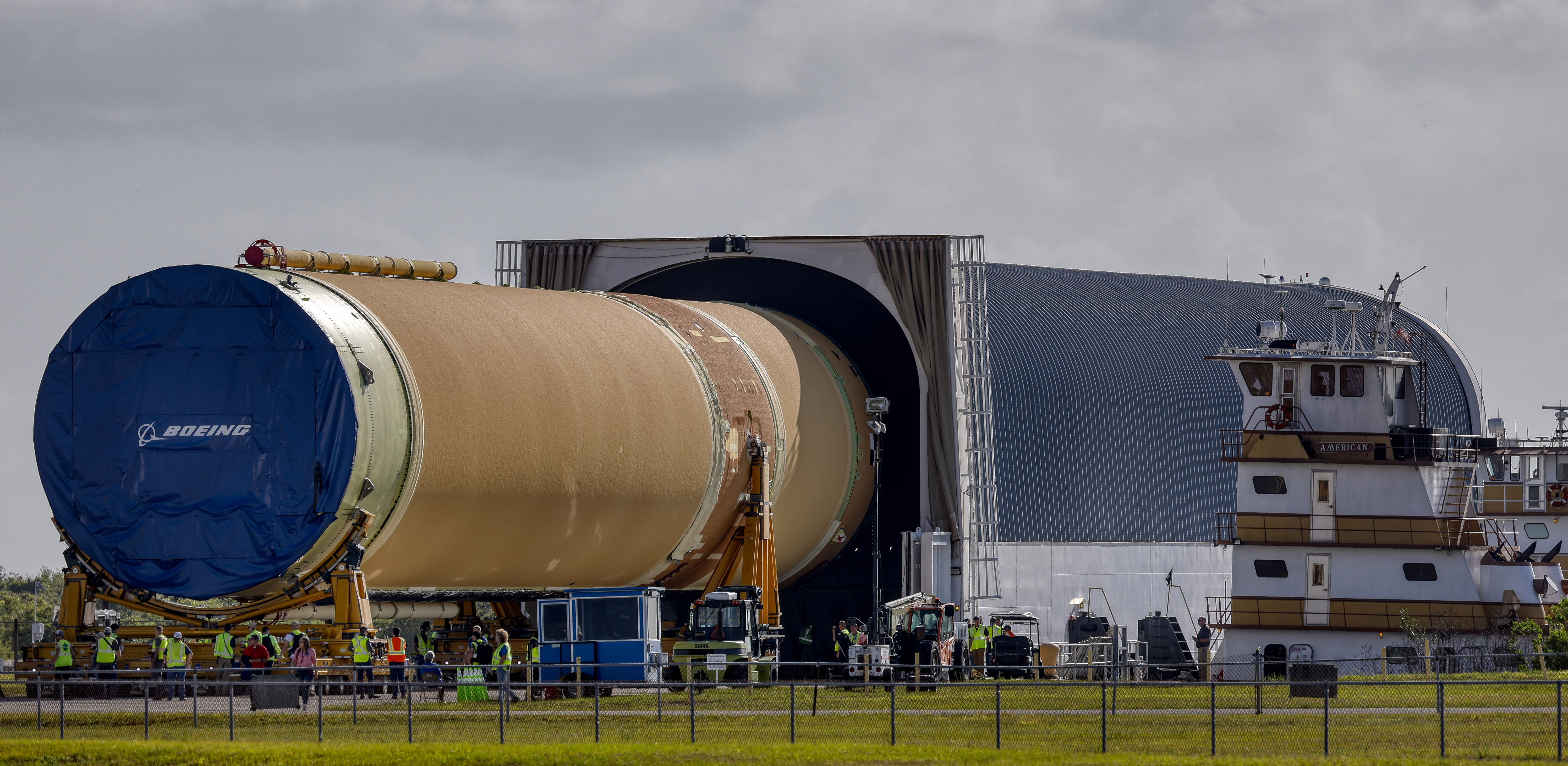 The Artemis III core stage is moved from the Pegasus...