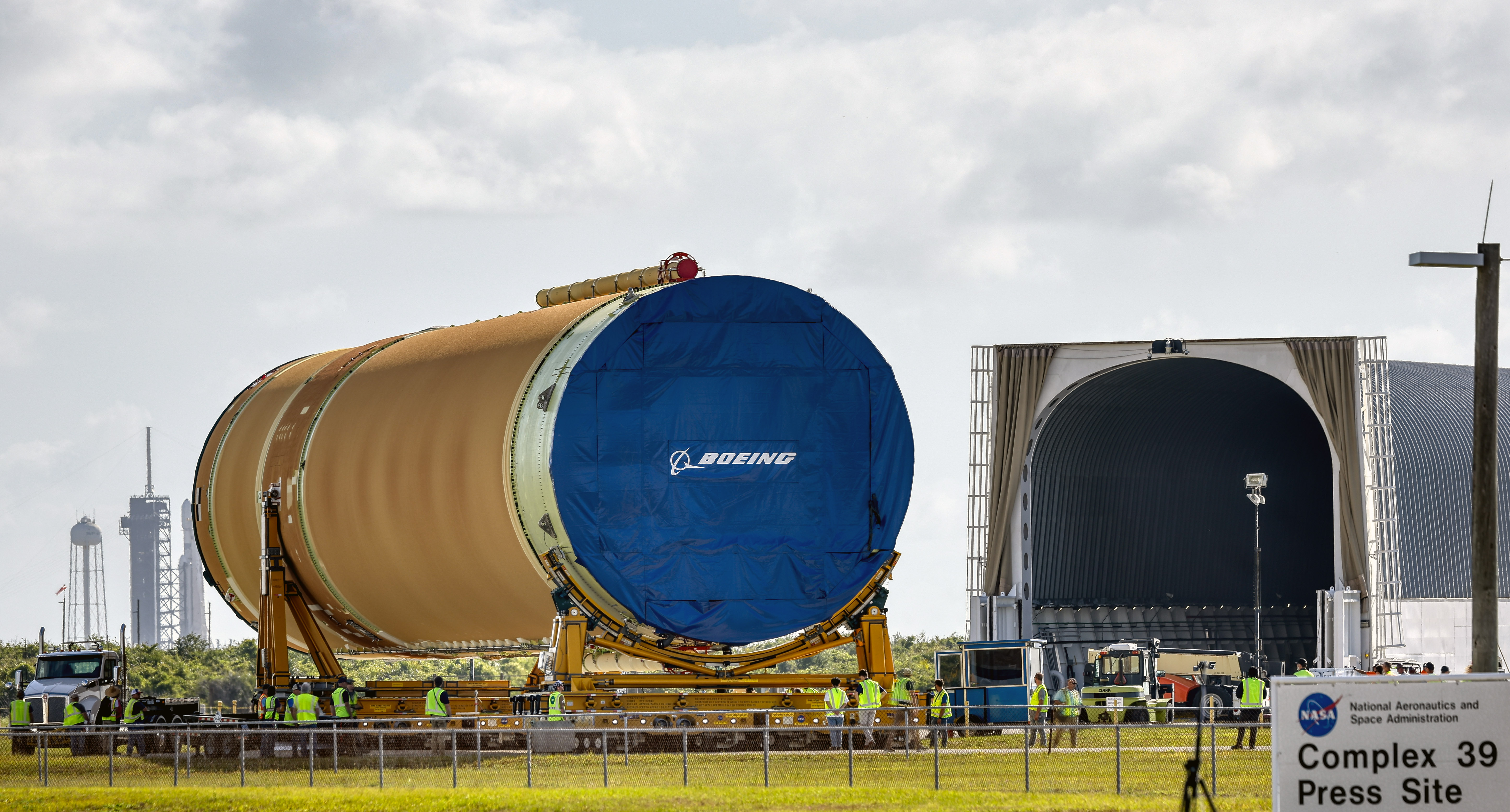The Artemis III core stage is moved from the Pegasus...
