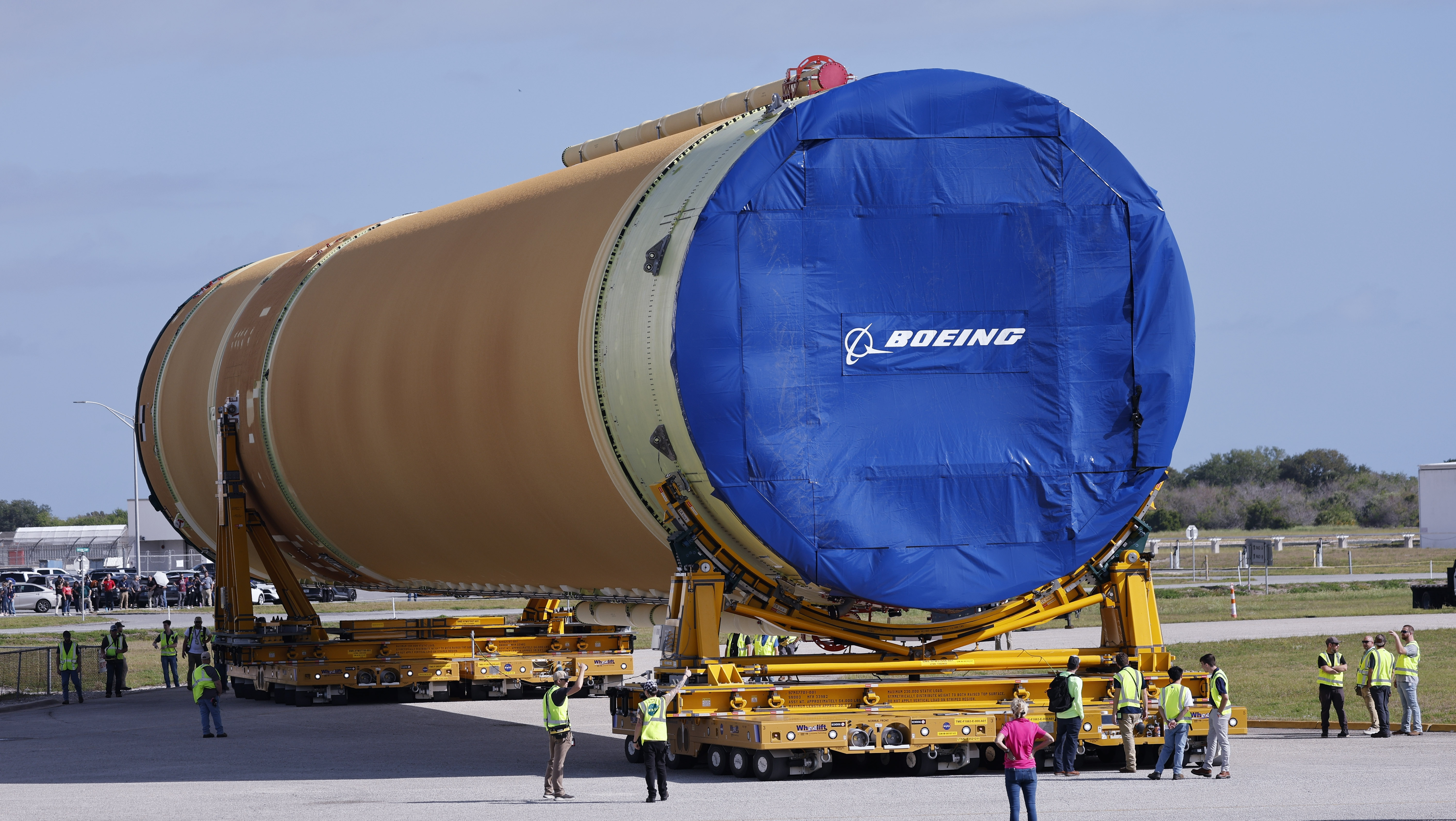 The Artemis III core stage is moved from the Pegasus...