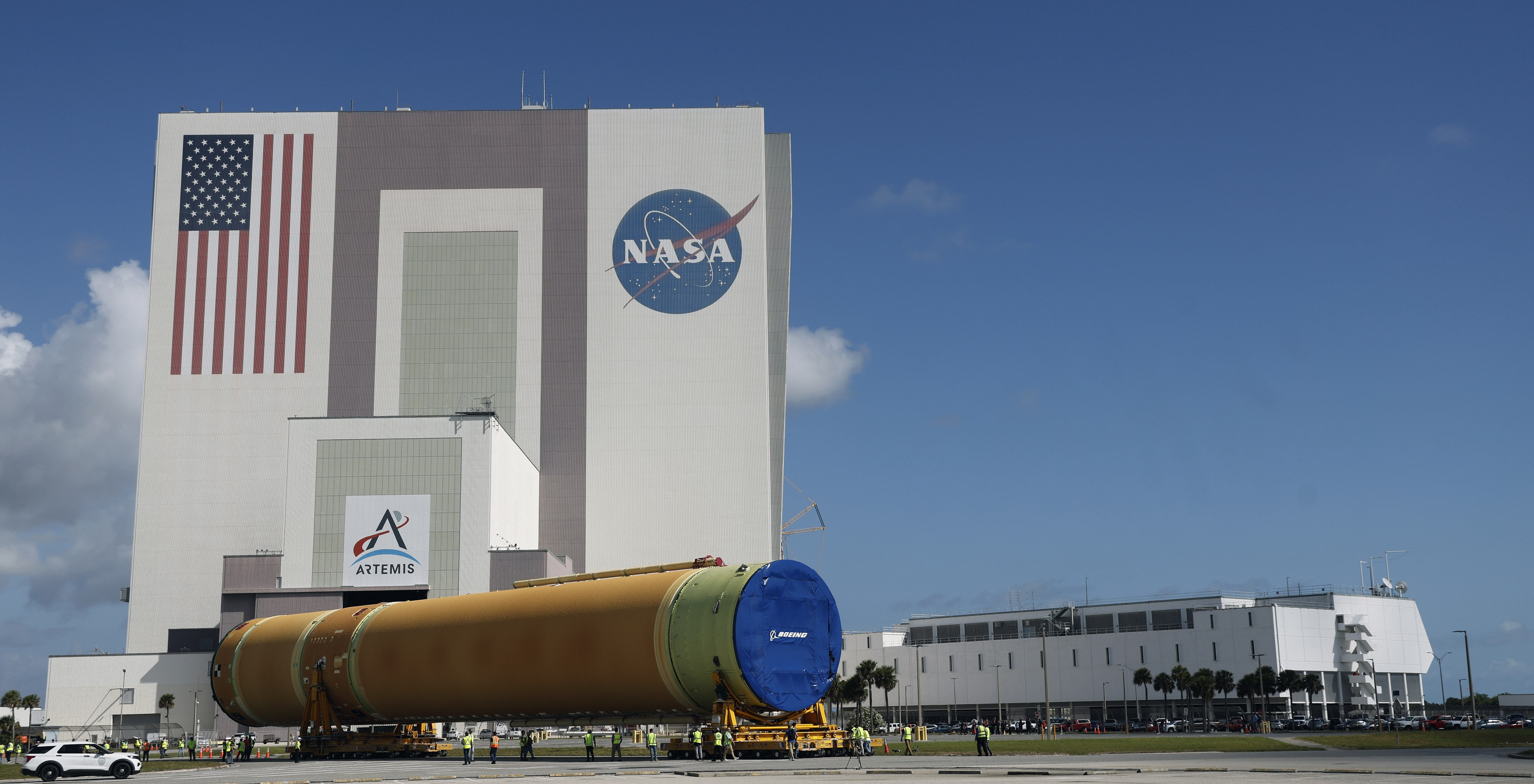 The Artemis III core stage is moved from the Pegasus...