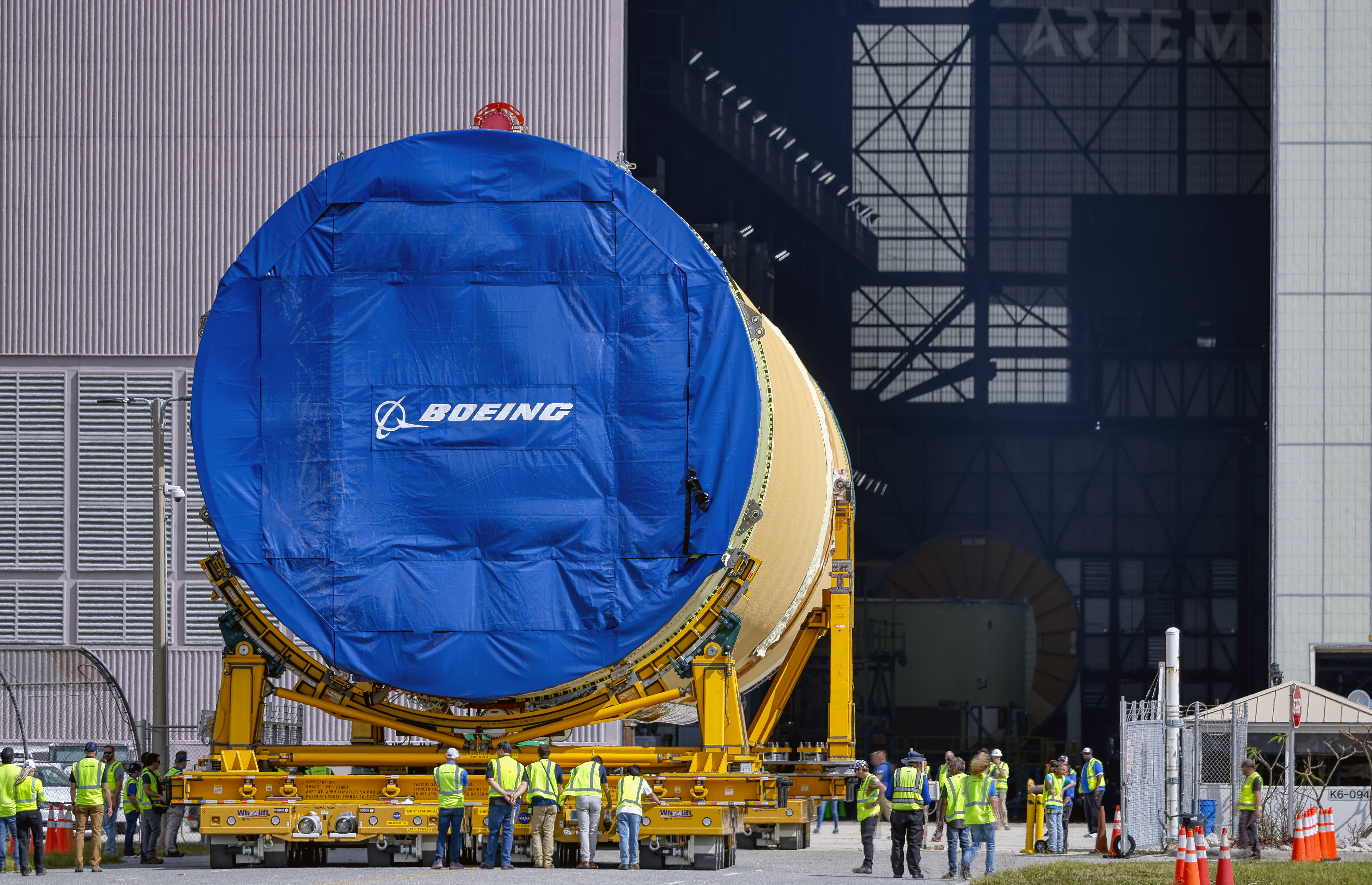 The Artemis III core stage is moved from the Pegasus...