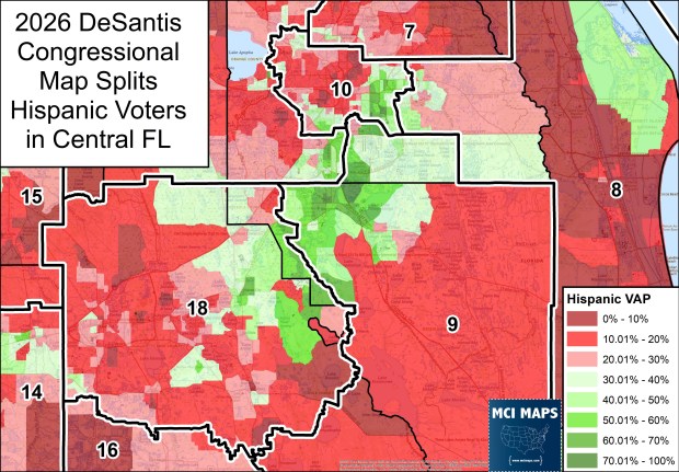 Democratic political consultant Matt Isbell created this map showing the distribution of the Hispanic voting-age population (VAP) in Central Florida under Gov. Ron DeSantis' proposed Congressional redistricting. District 10, now held by Orlando Democrat Maxwell Frost, would be the sole Democratic-leaning district in the region. The reconfigured District 9 would lose its current Hispanic majority and gain Republican voters, posing a reelection challenge for incumbent Osceola Democrat Darren Soto. (Courtesy Matt Isbell, MCI Maps)
