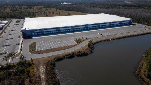 Aerial image of the Beachline Logistics Center, a 439,945-square-foot industrial facility, located at 8660 Transport Drive in east Orange County, on Wednesday, February 4, 2026. The warehouse could be future location for ICE. (Ricardo Ramirez Buxeda/ Orlando Sentinel)