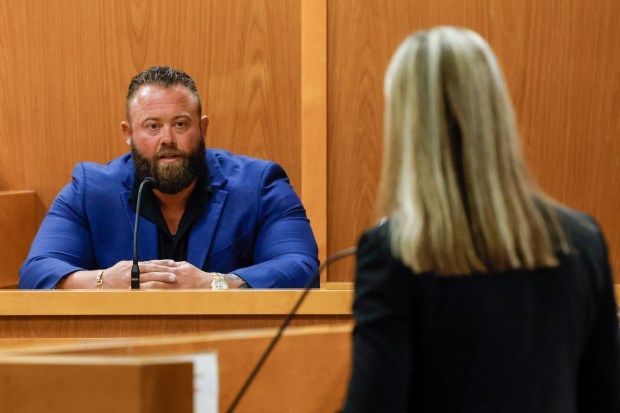 Douglas Ford, a former Osceola County deputy and former member of Marcos Lopez's security detail, answers questions from the prosecuting attorney during a hearing for the former Osceola County Sheriff on Tuesday, March 31, 2026. (Rich Pope/Orlando Sentinel)