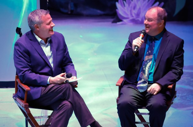 Orlando Sentinel arts writer Matthew J. Palm, right, answers questions from Sentinel columnist Scott Maxwell during the Orlando Sentinel 150th anniversary celebration forum on the state of the arts in Central Florida at Orlando Family Stage on Monday, April 27, 2026. (Rich Pope/Orlando Sentinel)