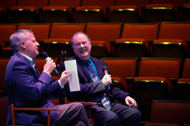 Orlando Sentinel arts writer Matthew J. Palm, right, answers questions from Sentinel columnist Scott Maxwell during the Orlando Sentinel 150th anniversary celebration forum on the state of the arts in Central Florida at Orlando Family Stage on Monday, April 27, 2026. (Rich Pope/Orlando Sentinel)