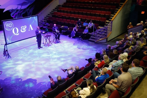 Orlando Sentinel columnist Scott Maxwell, left, and arts writer Matthew J. Palm answer questions from the audience during a community forum on the state of the arts in Central Florida at Orlando Family Stage on Monday, April 27, 2026. (Rich Pope/Orlando Sentinel)