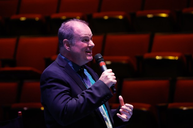 Orlando Sentinel arts writer Matthew J. Palm welcomes audience members to a community forum on the state of the arts in Central Florida at Orlando Family Stage on Monday, April 27, 2026. (Rich Pope/Orlando Sentinel)