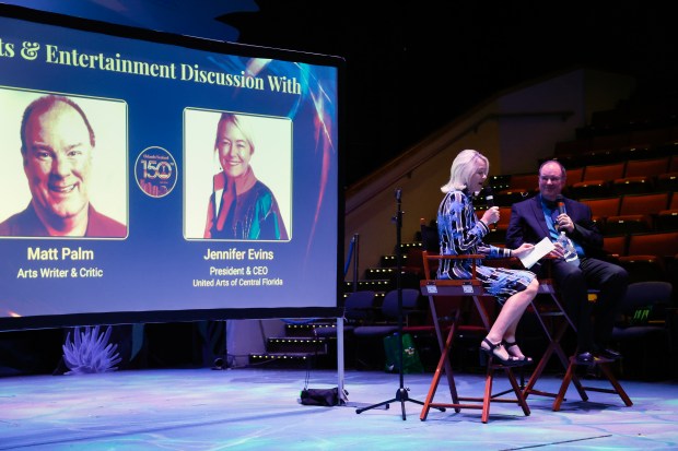 Orlando Sentinel arts writer Matthew J. Palm, with Jennifer Evins, CEO of United Arts of Central Florida, discusses the state of the arts in Central Florida during the Orlando Sentinel 150th anniversary celebration forum on Orlando's arts scene at Orlando Family Stage on Monday, April 27, 2026. (Rich Pope/Orlando Sentinel)