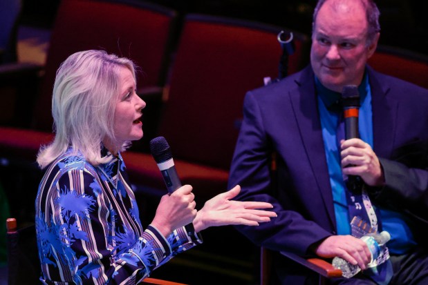 Orlando Sentinel arts writer Matthew J. Palm, with Jennifer Evins, CEO of United Arts of Central Florida, discusses the state of the arts in Central Florida during the Orlando Sentinel 150th anniversary celebration forum on Orlando's arts scene at Orlando Family Stage on Monday, April 27, 2026. (Rich Pope/Orlando Sentinel)