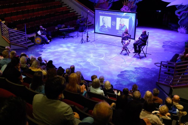 Orlando Sentinel arts writer Matthew J. Palm, with Jennifer Evins, CEO of United Arts of Central Florida, discusses the state of the arts in Central Florida during the Orlando Sentinel 150th anniversary celebration forum on Orlando's arts scene at Orlando Family Stage on Monday, April 27, 2026. (Rich Pope/Orlando Sentinel)