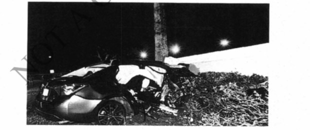 The Toyota Corolla that was destroyed in the July 30, 2024, crash in Boynton Beach, resulting in the deaths of Janice Woods and Maria Pochette is shown where it came to rest after the crash. (Screenshot of court record)
