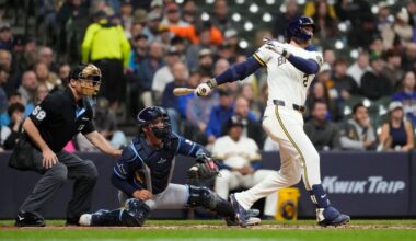Milwaukee Brewers' Brice Turang hits a two-run single during the fifth inning of a baseball game against the Milwaukee Brewers, Tuesday, March 31, 2026, in Milwaukee.