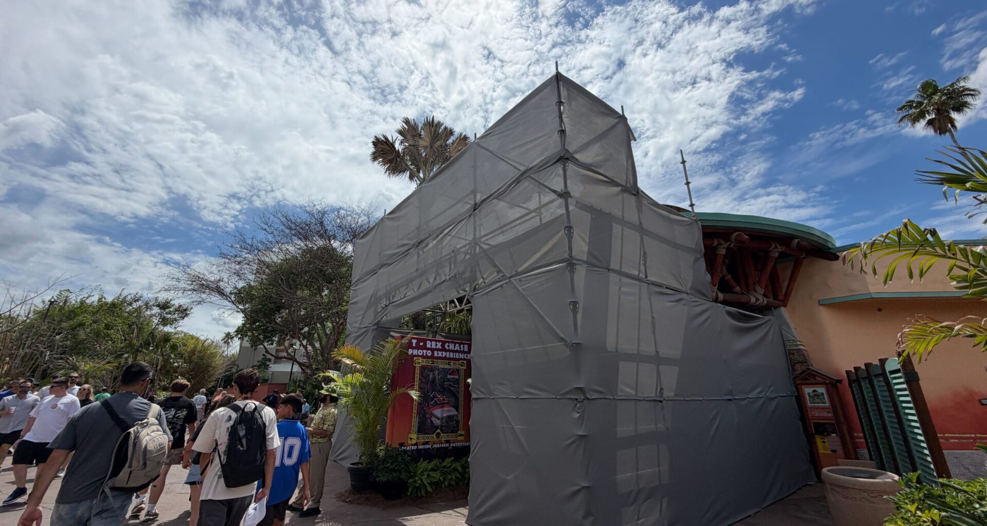 The scaffolding creates an archway around the shop