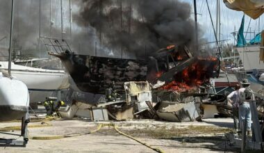 Firefighters extinguish dry-docked sailboat fire at Riverside Marina
