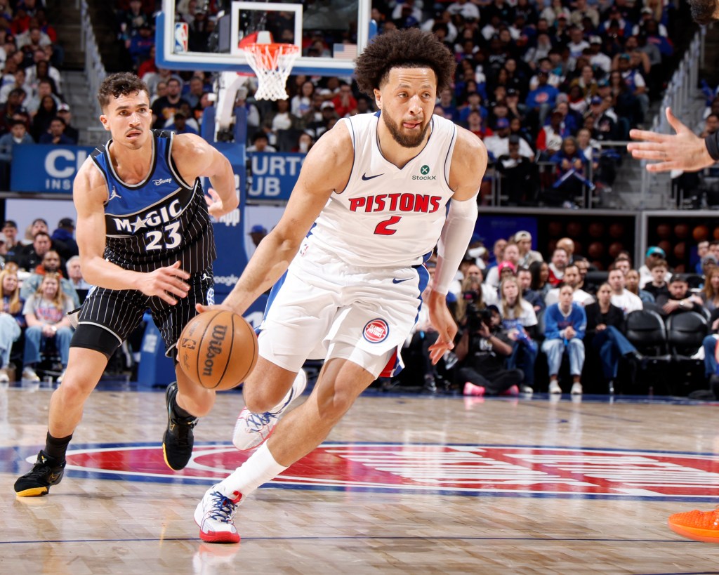 Cade Cunningham #2 of the Detroit Pistons drives to the basket during the game against the Orlando Magic during Round One Game One of the 2026 NBA Playoffs on April 19, 2026 at Little Caesars Arena in Detroit, Michigan. 