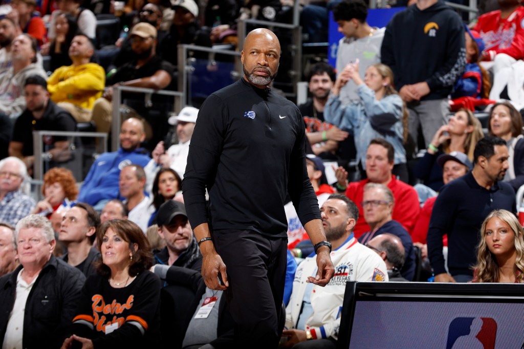 Head Coach Jamahl Mosley of the Orlando Magic looks on during the game against the Detroit Pistons during Round One Game One of the 2026 NBA Playoffs on April 19, 2026 at Little Caesars Arena in Detroit, Michigan. 