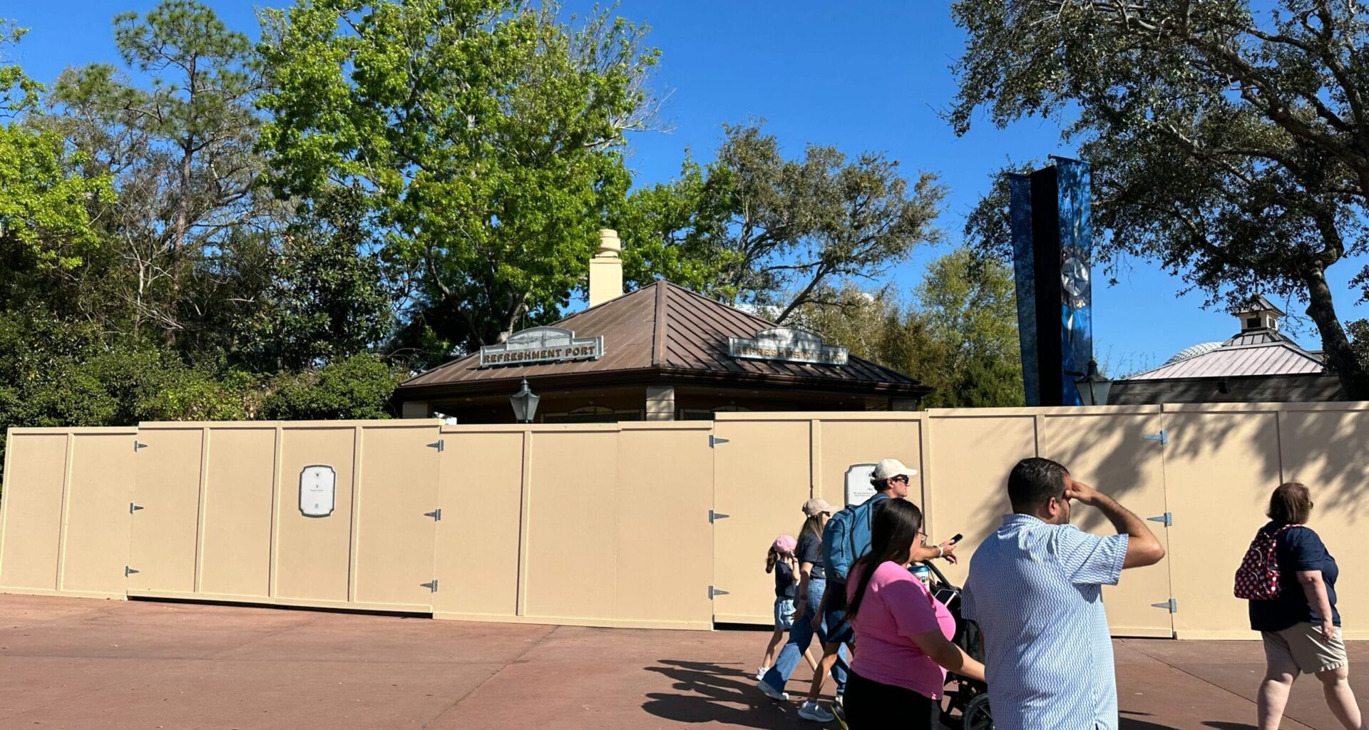 Refreshment Port at EPCOT Still Closed, Surrounded by Construction Walls