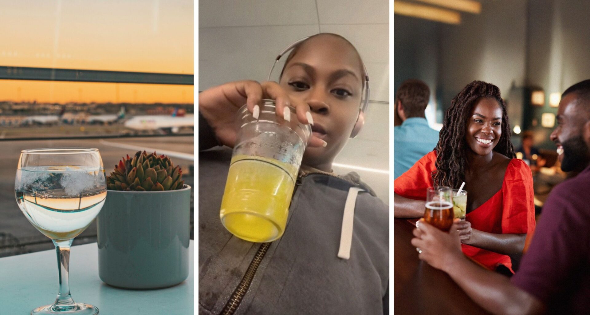 drink at airport (l) woman shares airport experience (c) woman accepts drink from random man (r)