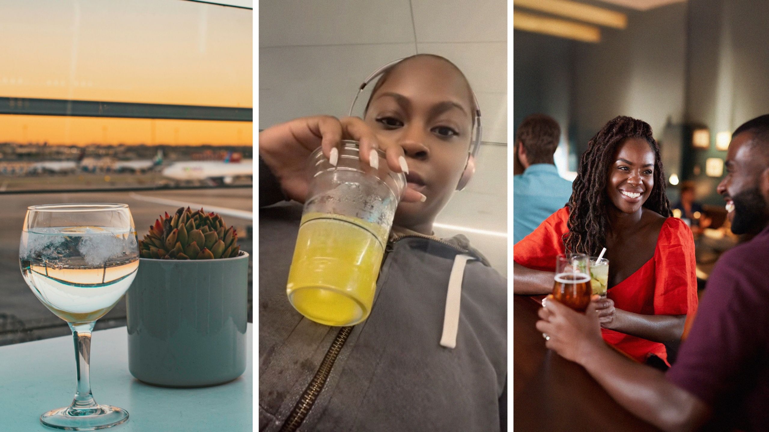 drink at airport (l) woman shares airport experience (c) woman accepts drink from random man (r)