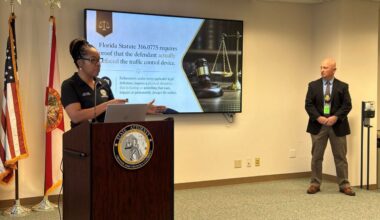 State Attorney Monique Worrell holds a news conference to announce that the six people arrested after using chalk to add back colors to the rainbow-colored crosswalk near the Pulse nightclub site will not face charges. (Spectrum News/Massiel Leyva)