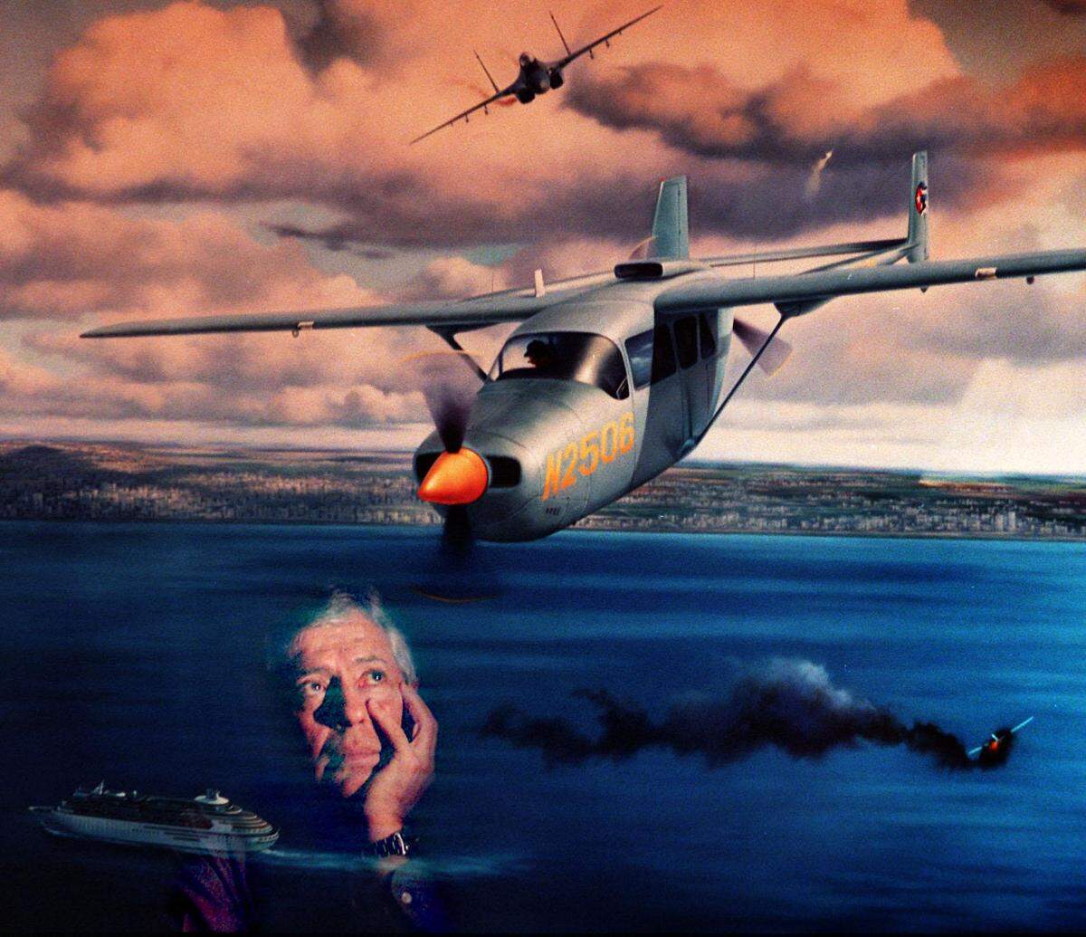  This is a double exposure of Jose Basulto superimposed on a painting depicting the shoot down of the Brothers to the Rescue planes by Cuban MIGs. The painting hangs on the wall in Basulto’s office.