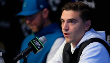 Jacksonville Jaguars general manager James Gladstone speaks during a press conference next to head coach Liam Coen at the Miller Electric Center, Wednesday, Jan. 14, 2026, in Jacksonville, Fla.