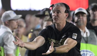 Oct 4, 2025; Tallahassee, Florida, USA; Florida State Seminoles head coach Mike Norvell during the first half against the Miami Hurricanes at Doak S. Campbell Stadium. Mandatory Credit: Melina Myers-Imagn Images