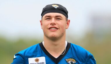 Jacksonville Jaguars tight end Nate Boerkircher (87) smiles during rookie minicamp at the Miller Electric Center, Saturday, May 9, 2026 in Jacksonville, Fla. Today was the second of a three day camp concluding Sunday.