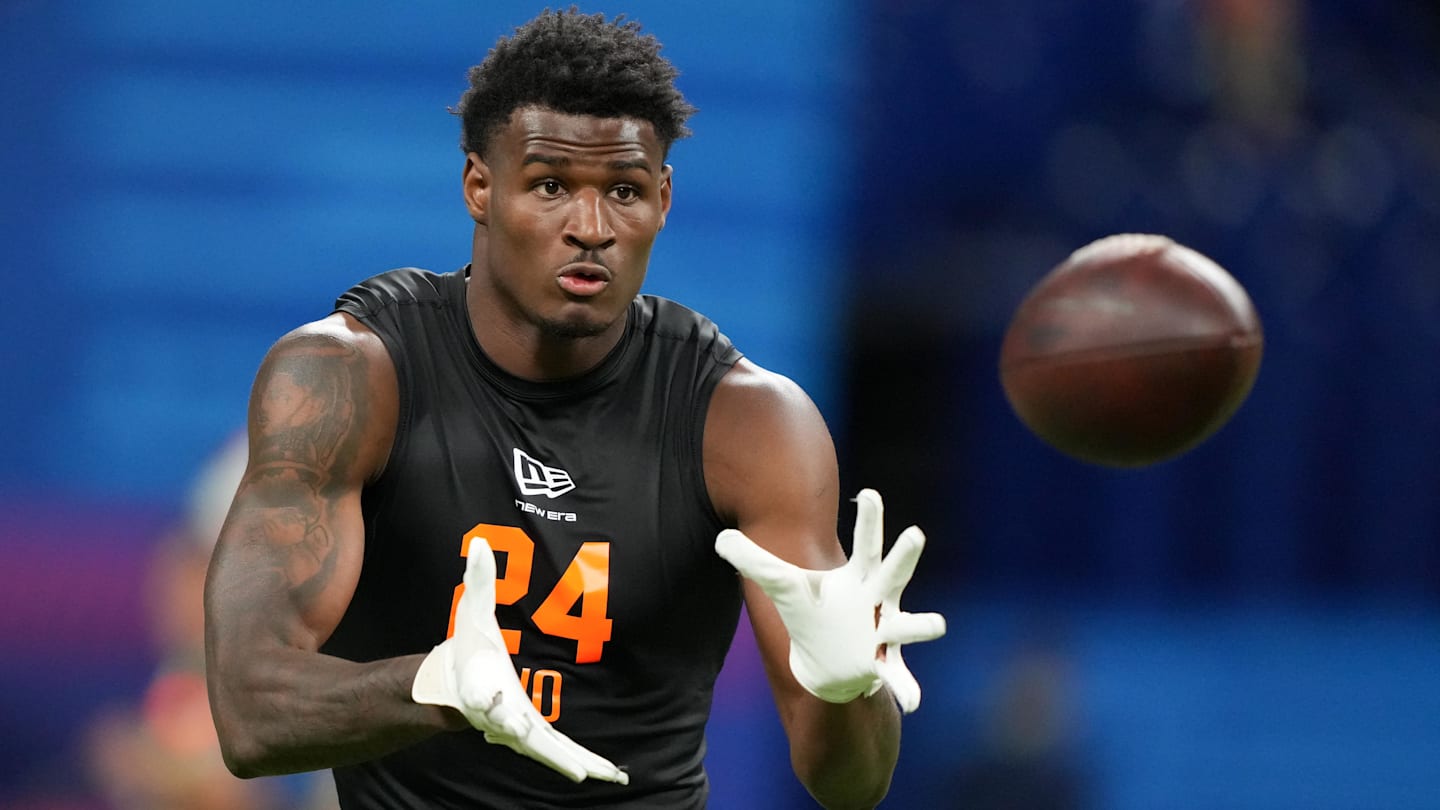 Feb 28, 2026; Indianapolis, IN, USA; Georgia State wideout Ted Hurst (WO24) during the NFL Scouting Combine at Lucas Oil Stadium. Mandatory Credit: Kirby Lee-Imagn Images
